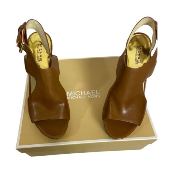 Michael Michael Kors Josephine Leather Wedge Sandals – Size 8.5 (Luggage Brown) - Picture 10 of 12